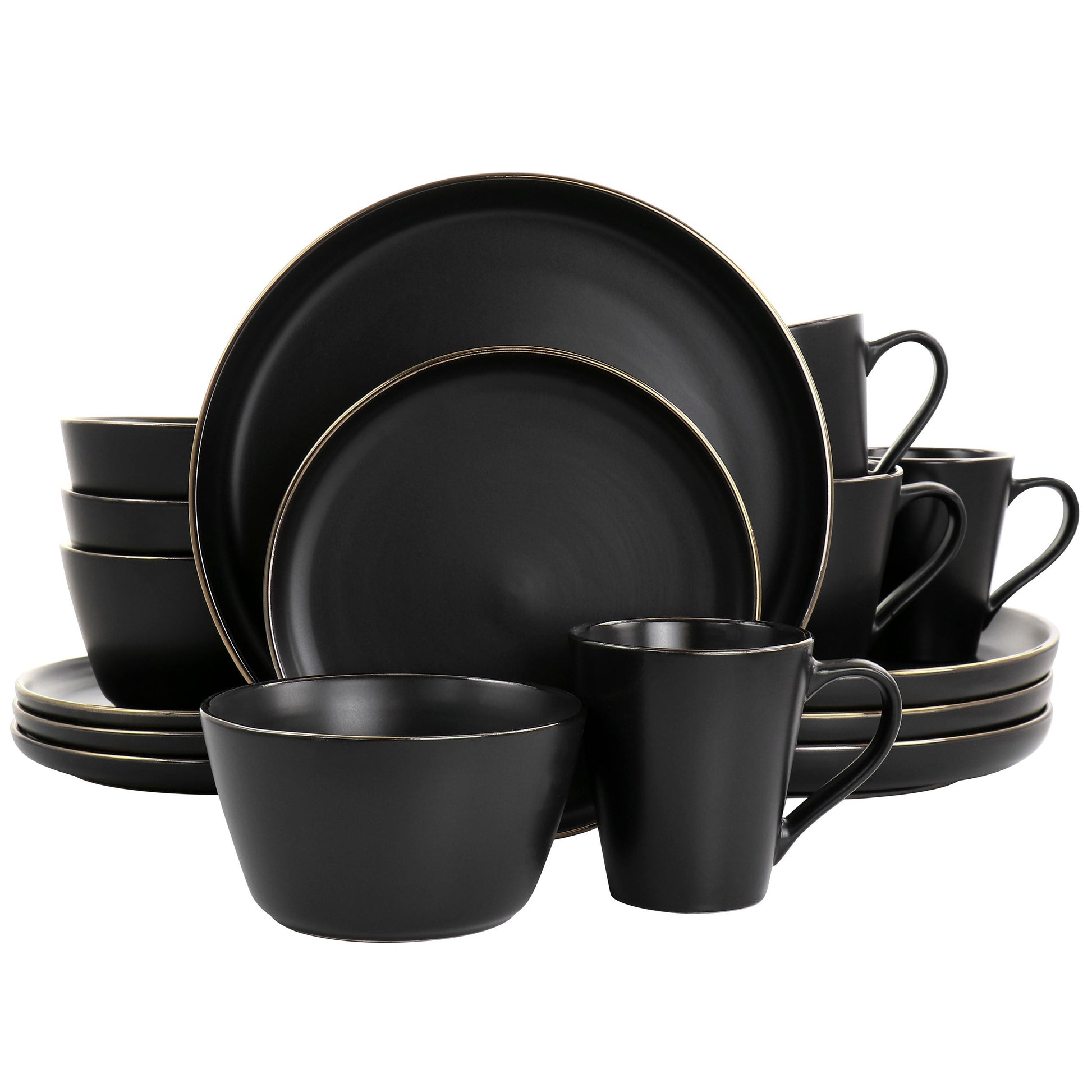 Elama Paul 16 Piece Stoneware Dinnerware Set in Matte Black with Gold Rim LuxuryLifeWay Online Store