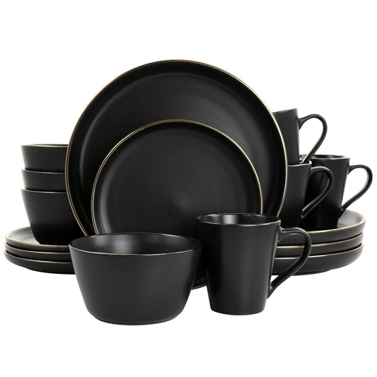 Elama Paul 16 Piece Stoneware Dinnerware Set in Matte Black with Gold Rim LuxuryLifeWay Online Store