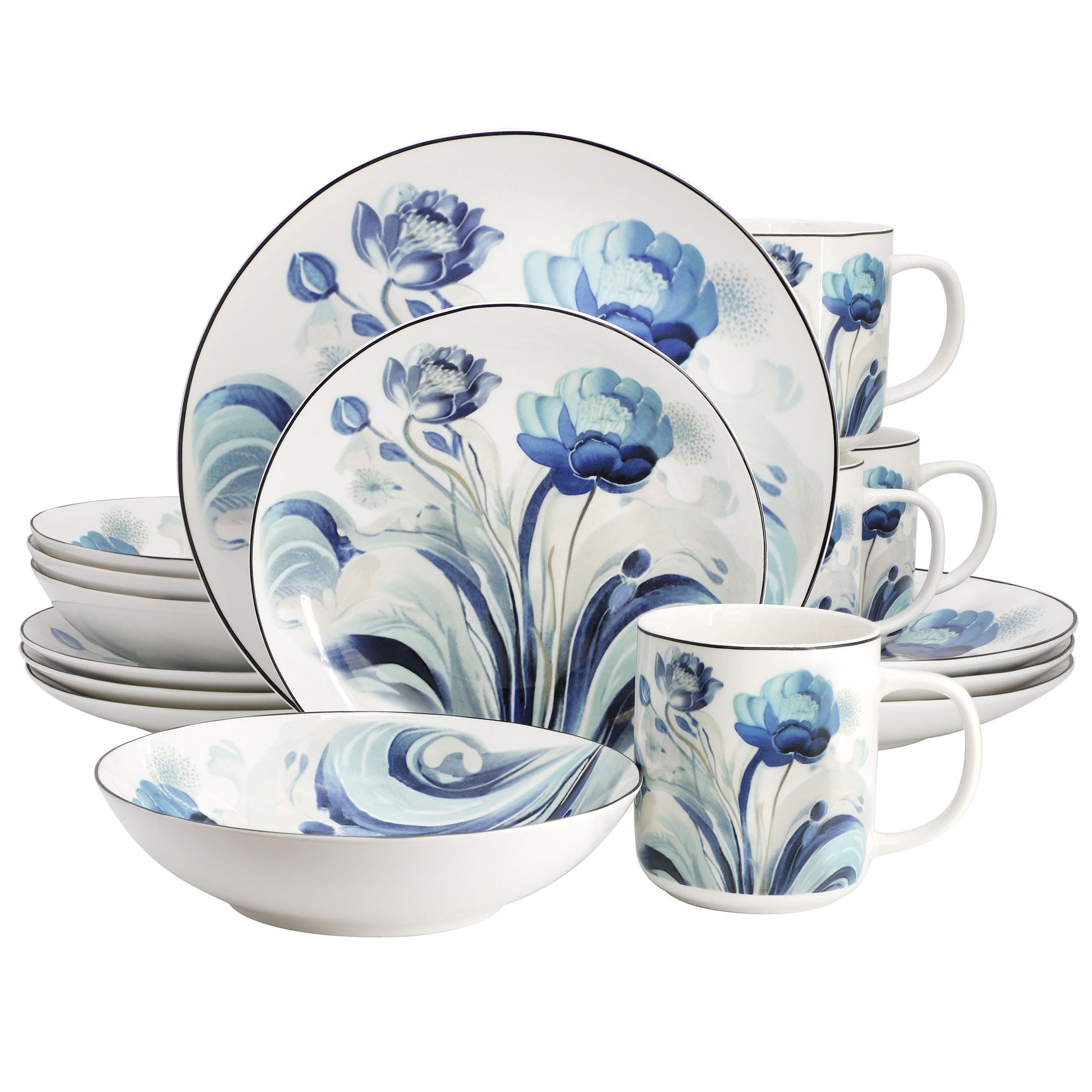 Elama Peony Garden 16 Piece Floral Design Round Porcelain Dinnerware Set in Blue LuxuryLifeWay Online Store