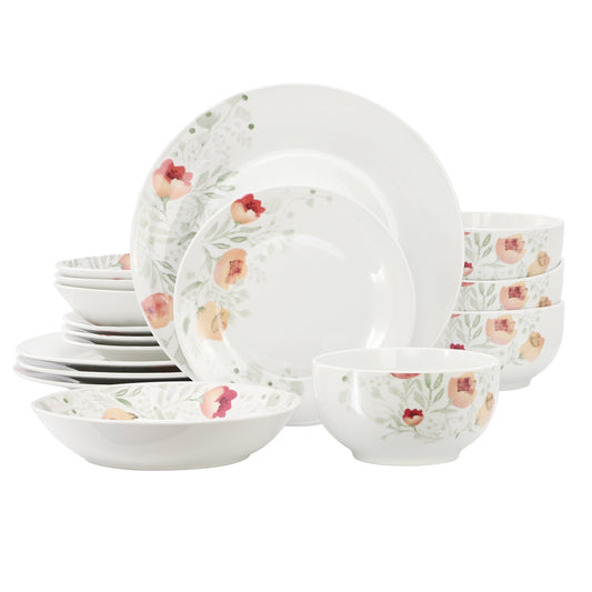 Elama Poppy 16 Piece Porcelain Double Bowl Dinnerware Set, Service for 4 LuxuryLifeWay Online Store
