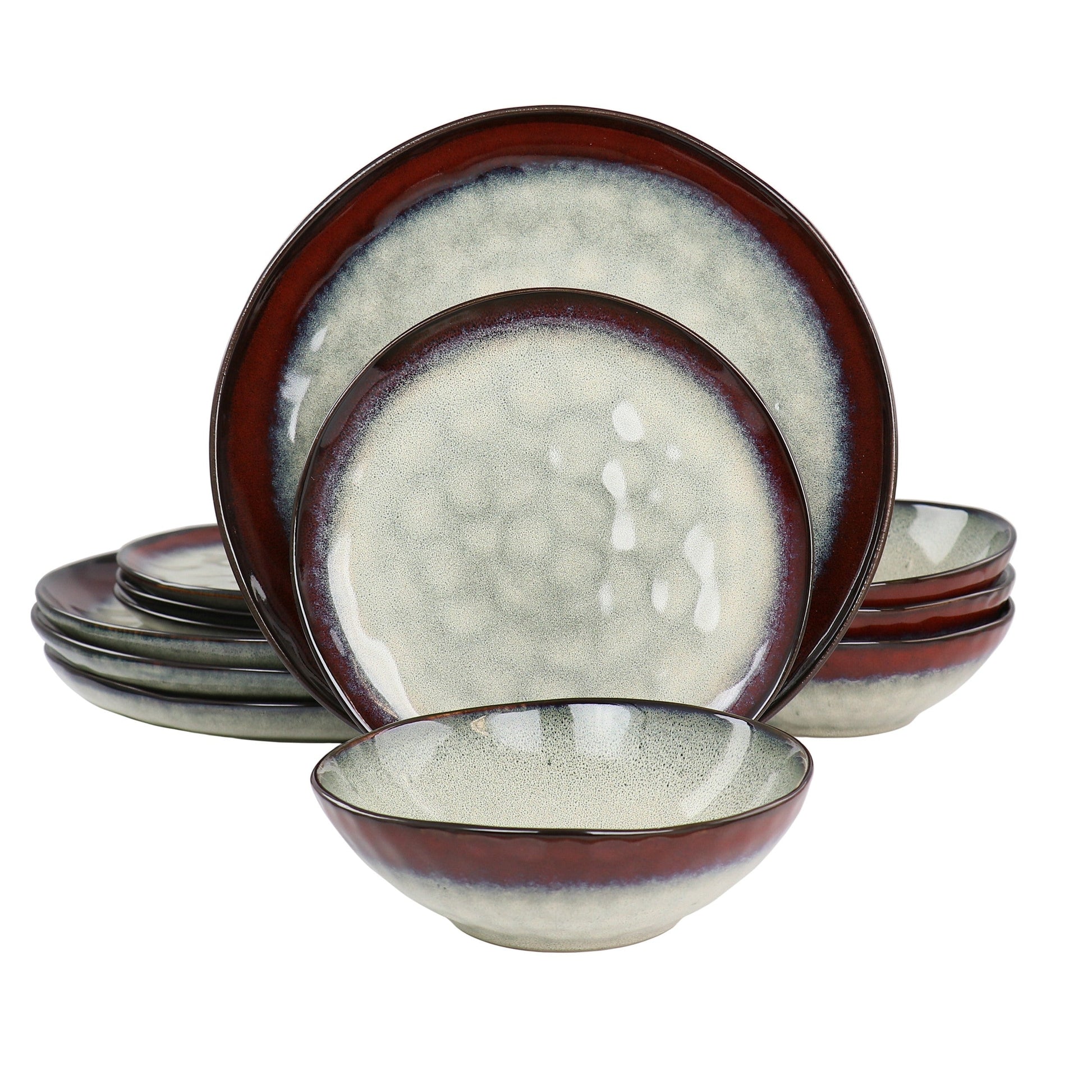 Elama Samara 12 Piece Stoneware Dinnerware Set in Red and Off White LuxuryLifeWay Online Store