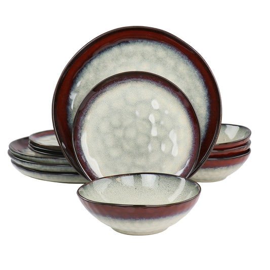 Elama Samara 12 Piece Stoneware Dinnerware Set in Red and Off White LuxuryLifeWay Online Store