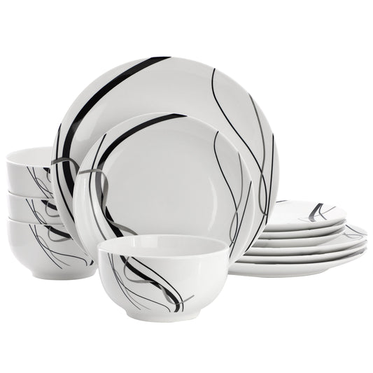 Elama Sarah 12 Piece Porcelain Black Ribbon Dinnerware Set, Service for 4 in White and Black LuxuryLifeWay Online Store
