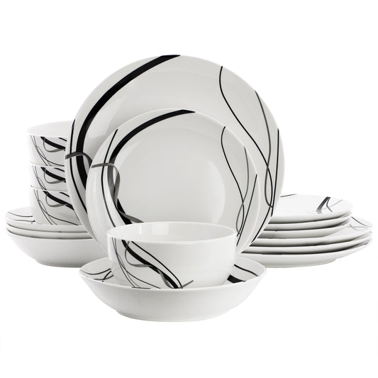 Elama Sarah 16 Piece Porcelain Black Ribbon Double Bowl Dinnerware Set, Service for 4 in White and Black LuxuryLifeWay Online Store