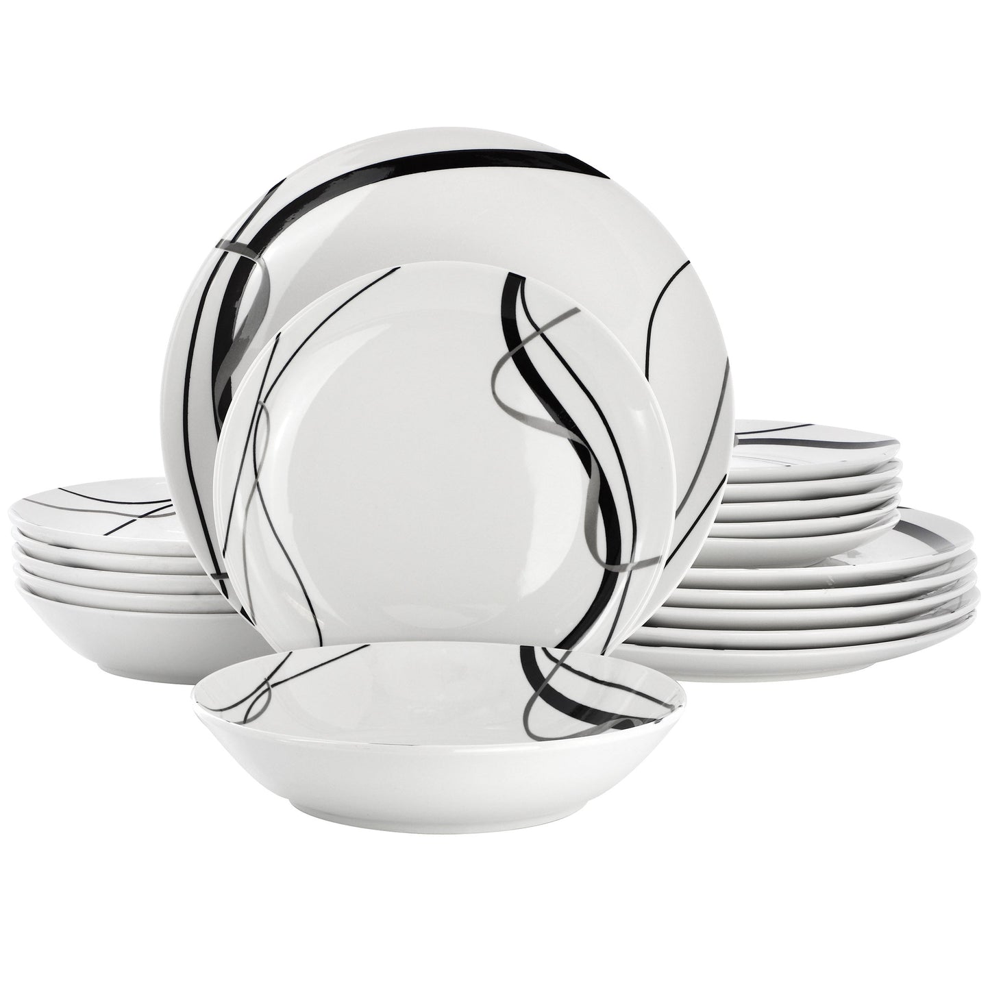 Elama Sarah 18 Piece Porcelain Black Ribbon Dinnerware Set, Service for 6 in White and Black LuxuryLifeWay Online Store