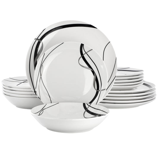 Elama Sarah 18 Piece Porcelain Black Ribbon Dinnerware Set, Service for 6 in White and Black LuxuryLifeWay Online Store