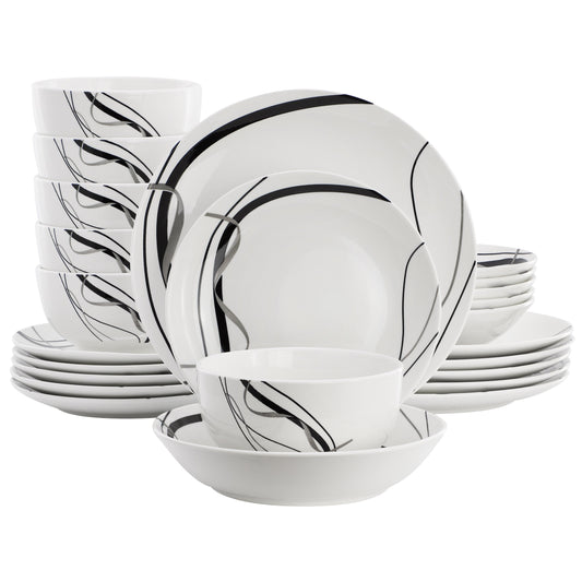 Elama Sarah 24 Piece Porcelain Black Ribbon Double Bowl Dinnerware Set, Service for 6 in White and Black LuxuryLifeWay Online Store