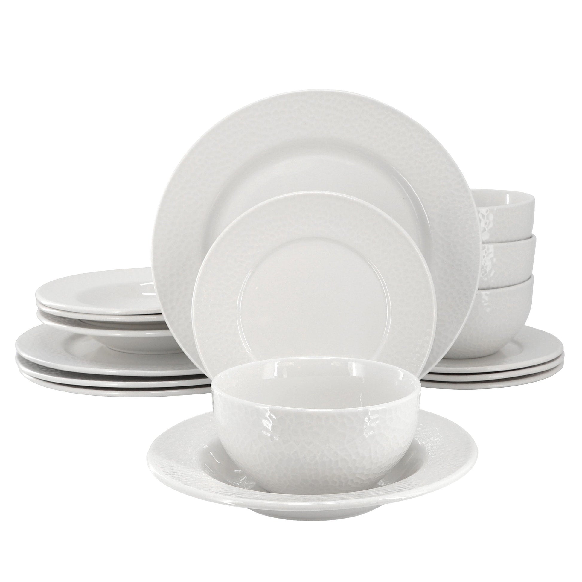 Elama Soyer 16 Piece Textured Design Double Bowl Porcelain Dinnerware Set in White LuxuryLifeWay Online Store