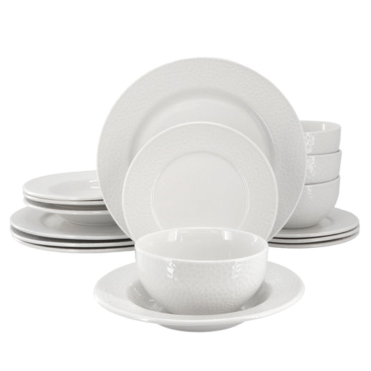 Elama Soyer 16 Piece Textured Design Double Bowl Porcelain Dinnerware Set in White LuxuryLifeWay Online Store