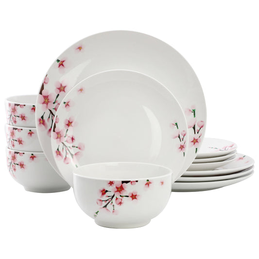 Elama Tamara 12 Piece Cherry Blossom Porcelain Dinnerware Set, Service for 4 in White and Pink LuxuryLifeWay Online Store