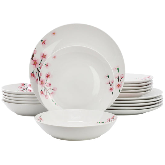 Elama Tamara 18 Piece Cherry Blossom Porcelain Dinnerware Set, Service for 6 in White and Pink LuxuryLifeWay Online Store