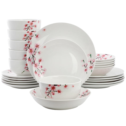 Elama Tamara 24 Piece Cherry Blossom Porcelain Double Bowl Dinnerware Set, Service for 6 in White and Pink LuxuryLifeWay Online Store