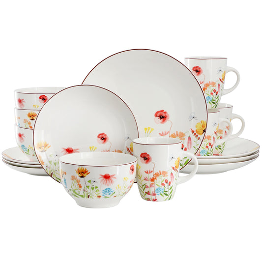 Elama Wildflower Meadow 16 Piece Stoneware Dinnerware Set in White and Multi LuxuryLifeWay Online Store