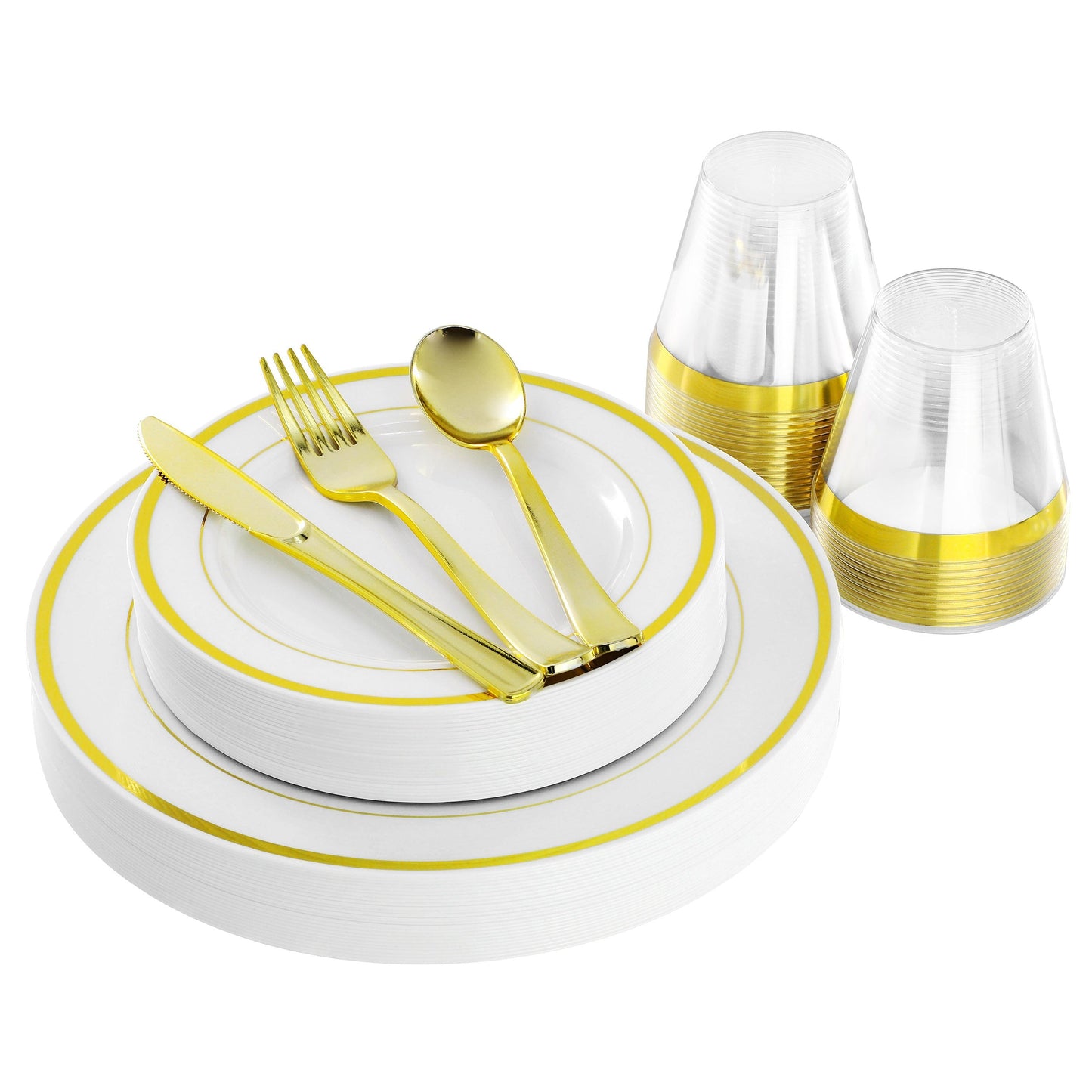 Elama 150 Piece Disposable Plastic Dinnerware Party Set for 25 Guests in White with Gold Trim LuxuryLifeWay Online Store