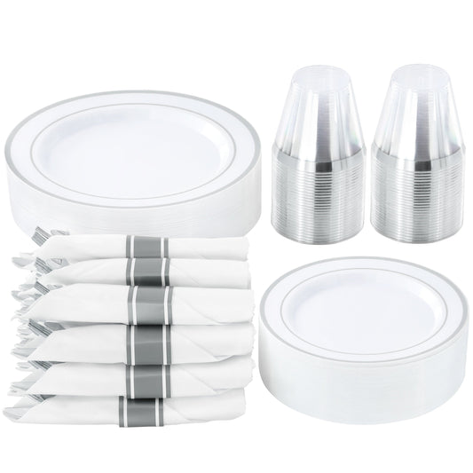 Elama 350 Piece Disposable Plastic Dinnerware Party Set for 50 Guests in White with Silver Trim LuxuryLifeWay Online Store