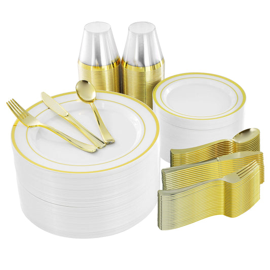 Elama 600 Piece Disposable Plastic Dinnerware Party Set for 100 Guests in White with Gold Trim LuxuryLifeWay Online Store