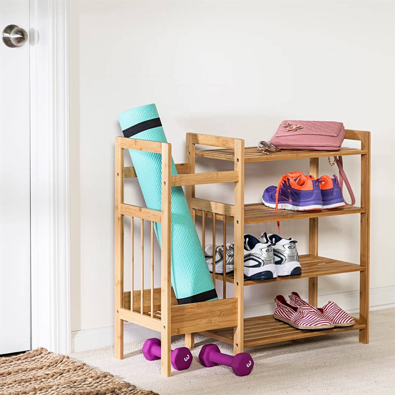 2-Shelf Entryway Shoe Rack Bench with Bla2-in-1 Entryway 4-Shelf Bamboo Shoe Rack and Umbrella Holderck Metal Frame and Brown Wood Top LuxuryLifeWay Online Store