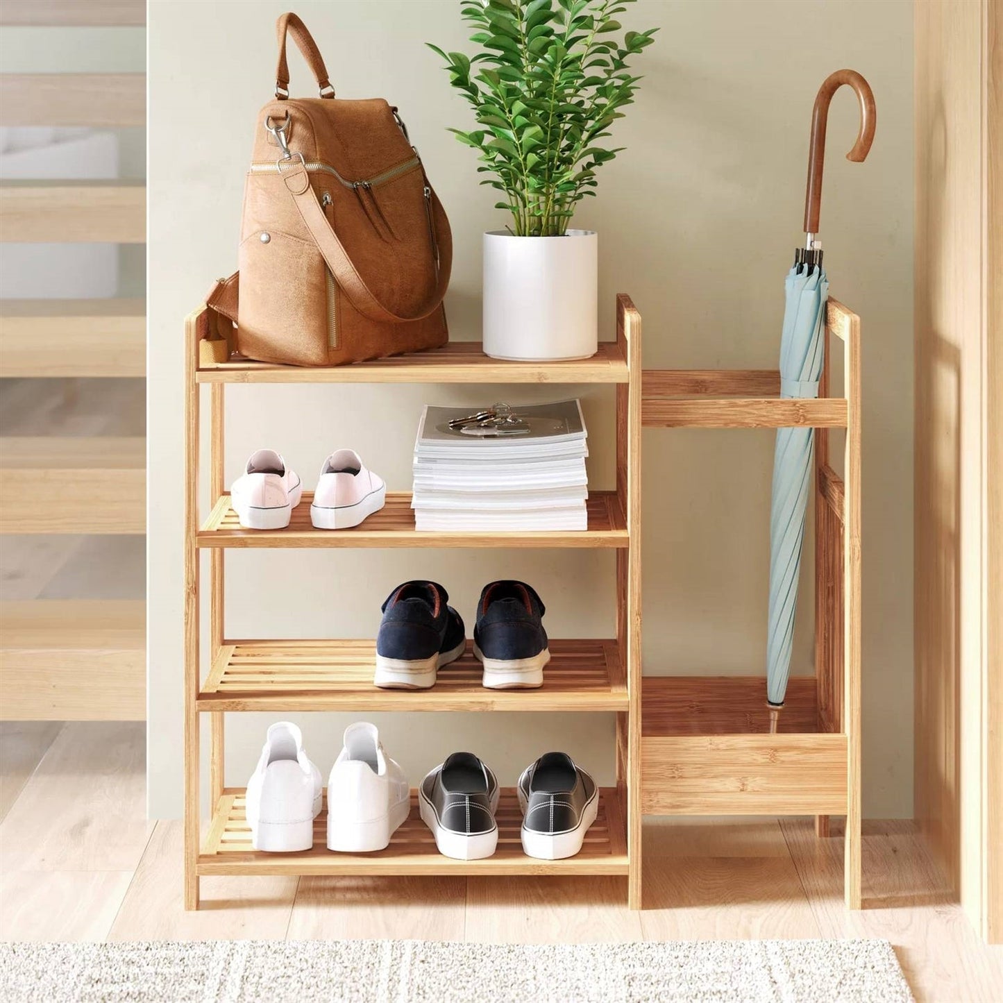 2-Shelf Entryway Shoe Rack Bench with Bla2-in-1 Entryway 4-Shelf Bamboo Shoe Rack and Umbrella Holderck Metal Frame and Brown Wood Top LuxuryLifeWay Online Store