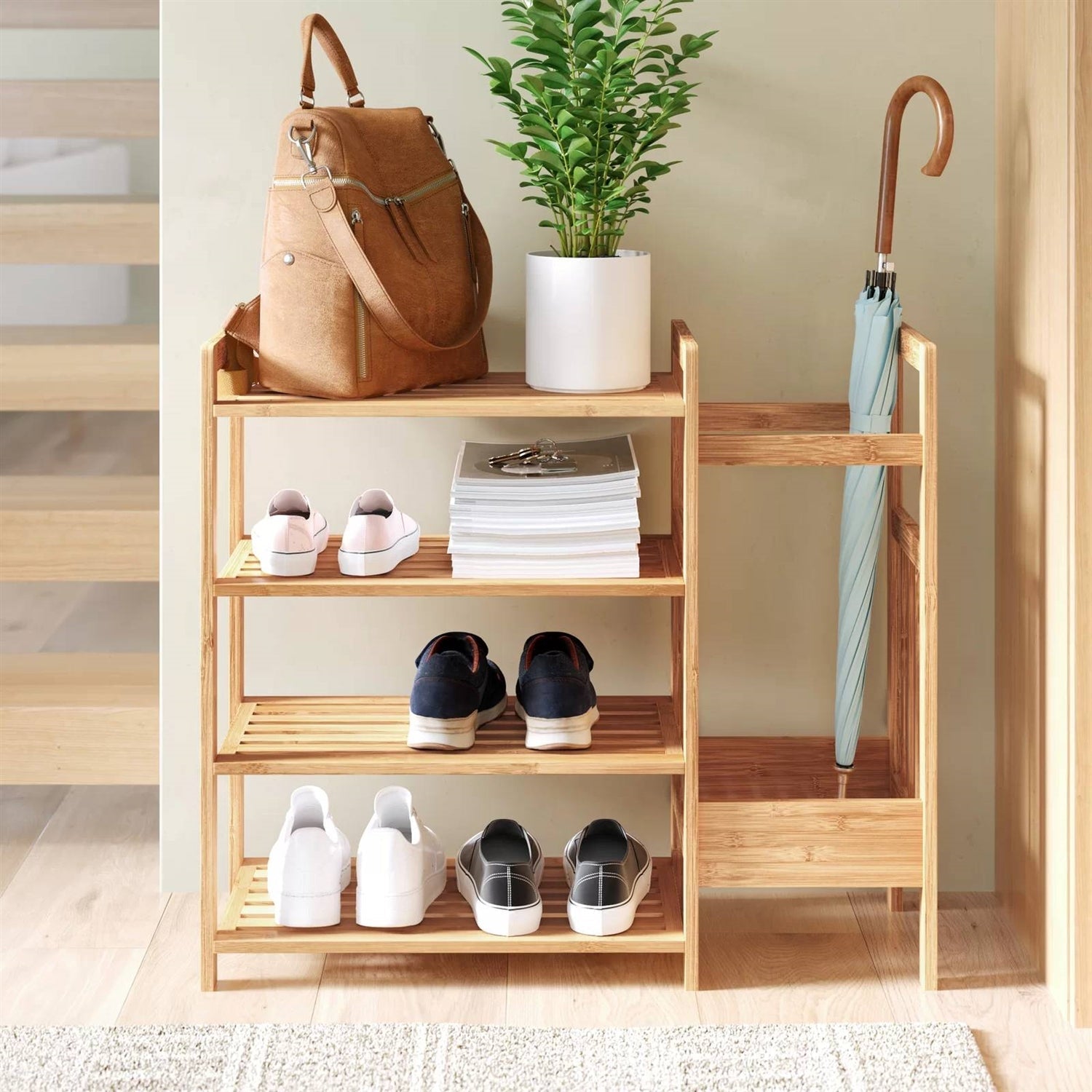 2-Shelf Entryway Shoe Rack Bench with Bla2-in-1 Entryway 4-Shelf Bamboo Shoe Rack and Umbrella Holderck Metal Frame and Brown Wood Top LuxuryLifeWay Online Store
