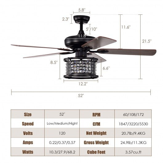 52 Inch 3-Speed Crystal Ceiling Fan Light with Remote Control-Black LuxuryLifeWay Online Store