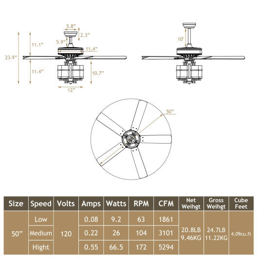 50 Inch Noiseless Ceiling Fan Light with Explosion-proof Glass Lampshades-Black LuxuryLifeWay Online Store