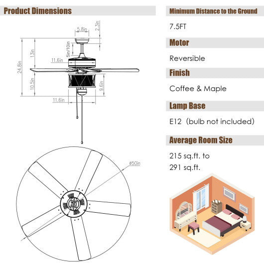 50 Inches Ceiling Fan with Lights Reversible Blades and Pull Chain Control-Black LuxuryLifeWay Online Store