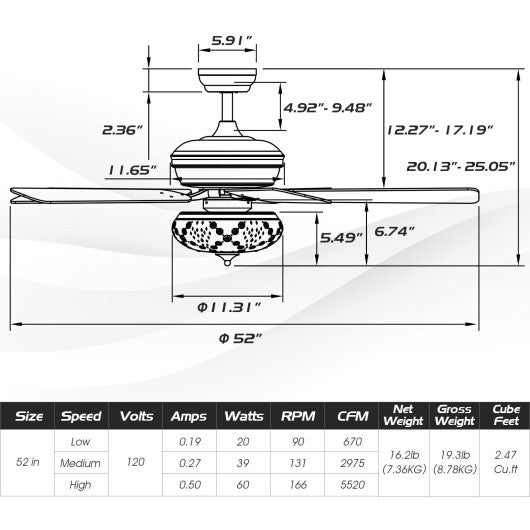 52 Inch Ceiling Fan with 3 Wind Speeds and 5 Reversible Blades-Gray - Color: Gray LuxuryLifeWay Online Store