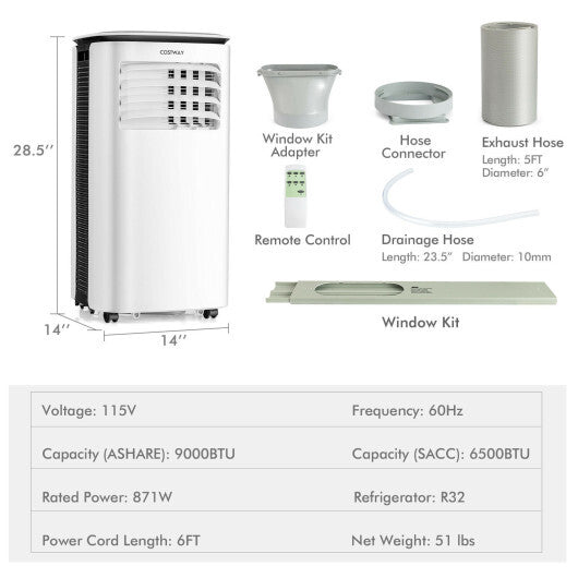 9000 BTU 3 in 1 Portable Air Conditioner with Fan and Dehumidifier-White LuxuryLifeWay Online Store