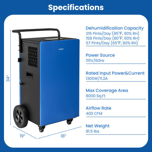 215 Pints 8000 Sq.Ft Commercial Dehumidifier For Home and Basement with 24H Timer-Blue LuxuryLifeWay Online Store