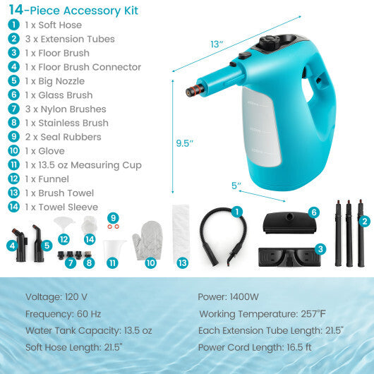 1400W Handheld Steam Cleaner with 14-Piece Accessory Kit and Child Lock-Blue LuxuryLifeWay Online Store