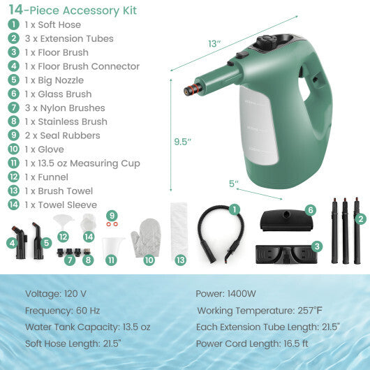 1400W Handheld Steam Cleaner with 14-Piece Accessory Kit and Child Lock-Blue LuxuryLifeWay Online Store