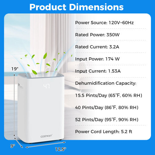 Dehumidifier with Auto Drain or Manual Drainage for Home Basement-White LuxuryLifeWay Online Store