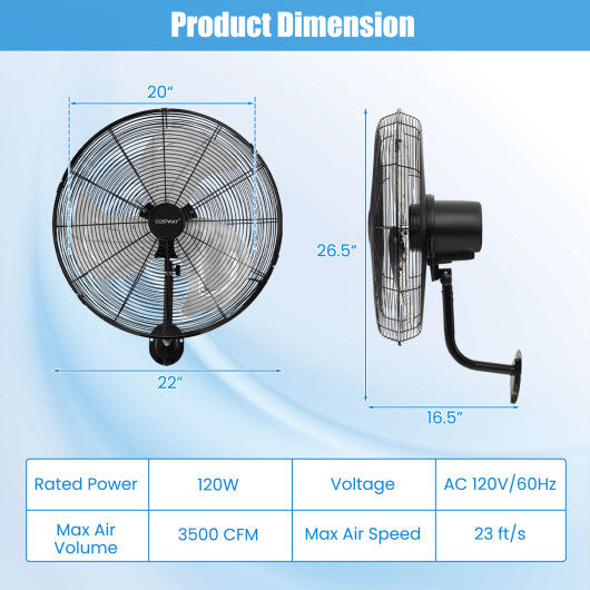 20 Inch Wall Mount Fan with 3 Fan Speeds and Adjustable Tilt Head-Black LuxuryLifeWay Online Store