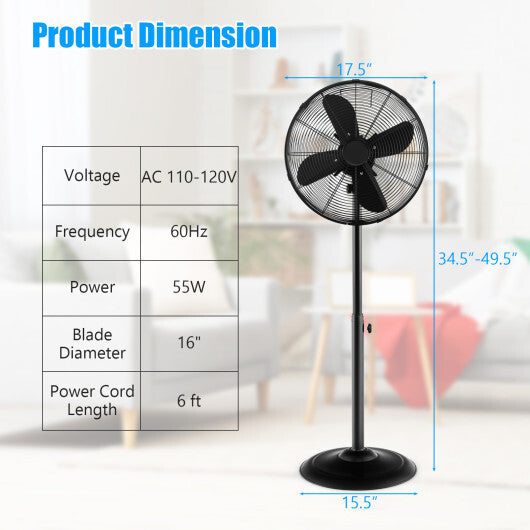 16 Inch Pedestal Standing Fan Oscillating Pedestal Fan with 3 Speeds and Adjustable Height-Black LuxuryLifeWay Online Store