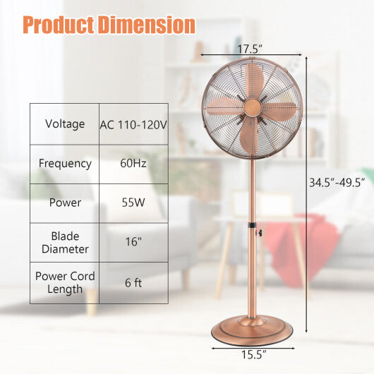 16 Inch Pedestal Standing Fan Oscillating Pedestal Fan with 3 Speeds and Adjustable Height-Black LuxuryLifeWay Online Store