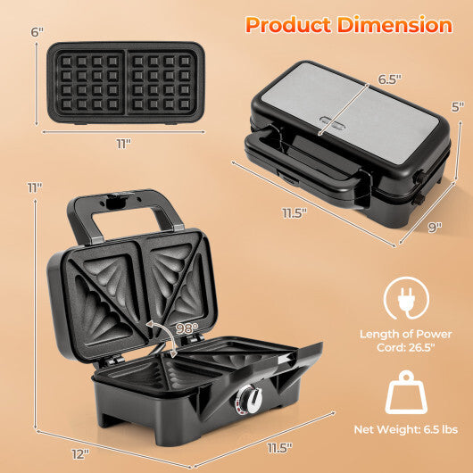 3-in-1 1082W Sandwich Maker with Removable Non-Stick Plates-Black LuxuryLifeWay Online Store