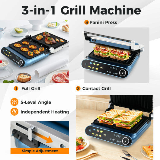 1200W Panini Press Grill with LED Display and 7 Grilling Modes-Blue LuxuryLifeWay Online Store