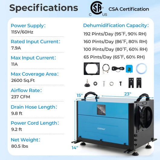 192 Pint Crawl Space Dehumidifier with 3 Modes and 24H Timer-Blue LuxuryLifeWay Online Store
