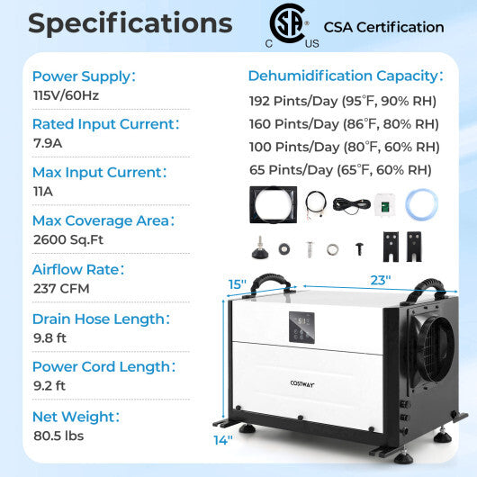 192 Pint Crawl Space Dehumidifier with 3 Modes and 24H Timer-Blue LuxuryLifeWay Online Store