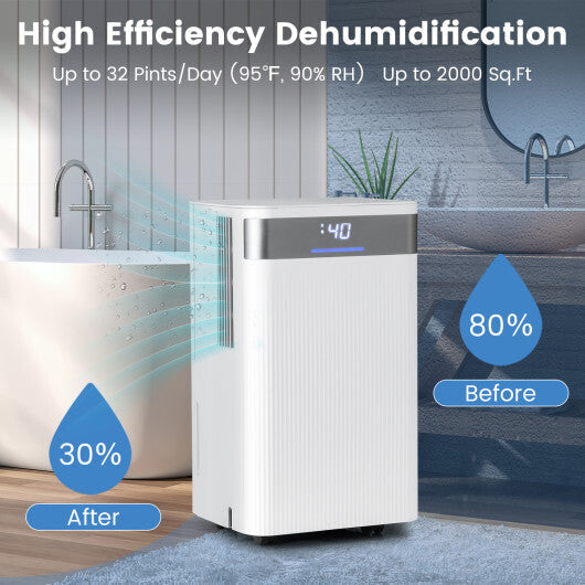 32 Pints 2000 Sq.ft Quiet Dehumidifier for Home with 3 Modes-White LuxuryLifeWay Online Store