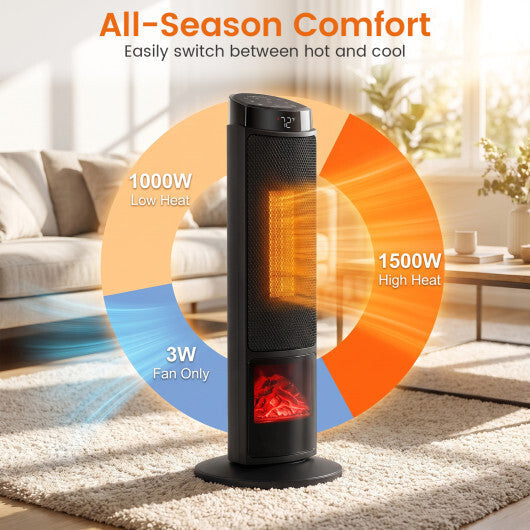 24 inch 1500W PTC Ceramic Tower Space Heater with 7-Color Flame-Black LuxuryLifeWay Online Store
