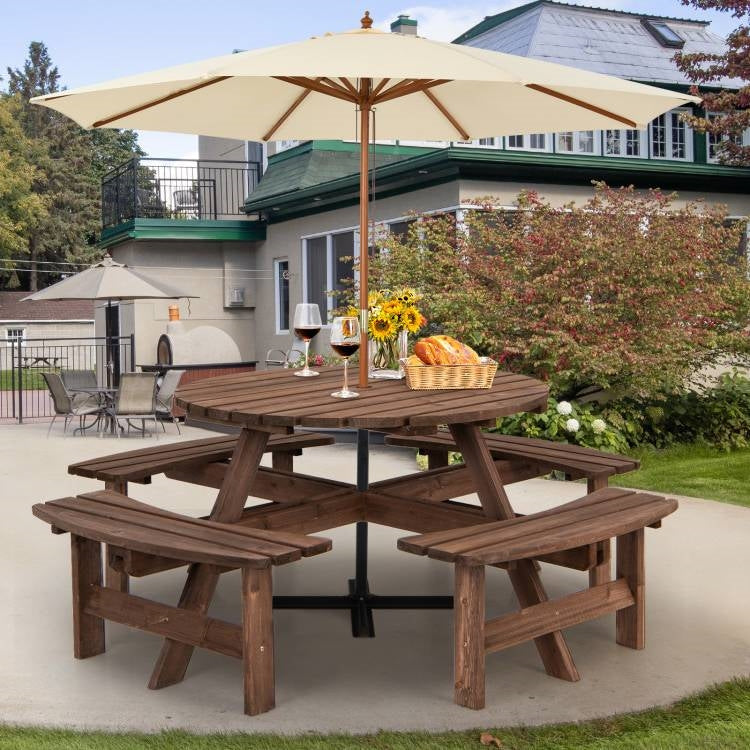 8-Set Outdoor Solid Wood Round Picnic Table with 4 Benches Patio Garden Dining Set LuxuryLifeWay Online Store