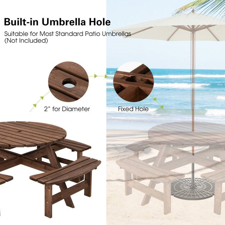 8-Set Outdoor Solid Wood Round Picnic Table with 4 Benches Patio Garden Dining Set LuxuryLifeWay Online Store