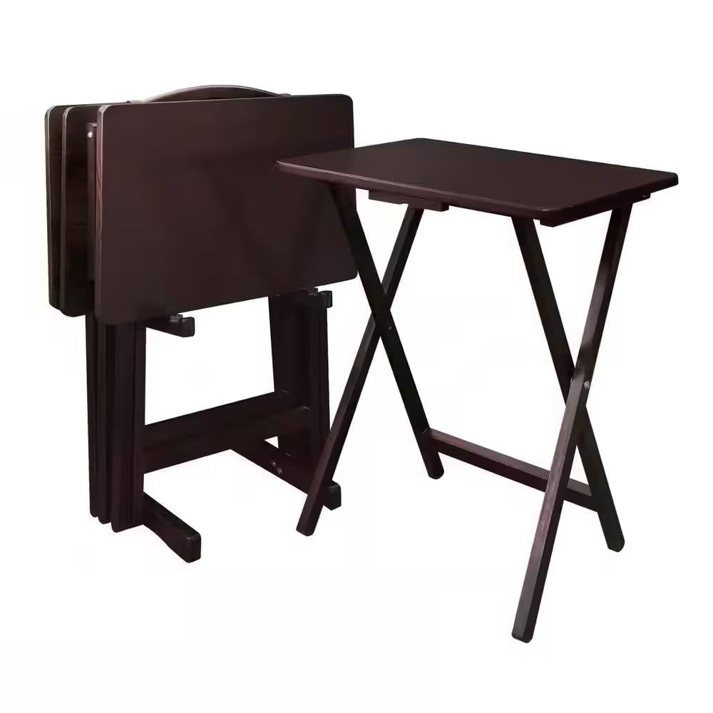 Set of 4 - Folding TV Tray Table Set with Stand in Dark Brown Wood Finish LuxuryLifeWay Online Store