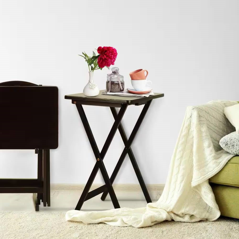 Set of 4 - Folding TV Tray Table Set with Stand in Dark Brown Wood Finish LuxuryLifeWay Online Store