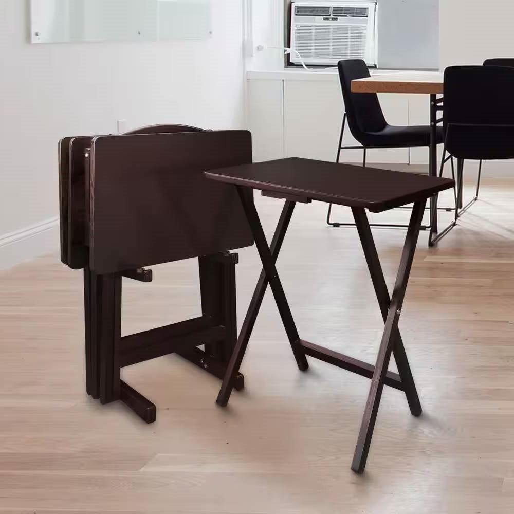 Set of 4 - Folding TV Tray Table Set with Stand in Dark Brown Wood Finish LuxuryLifeWay Online Store