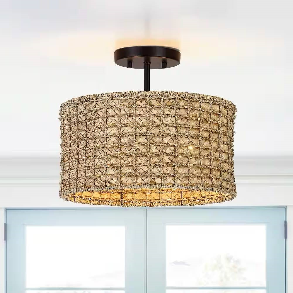 Bohemian 13.6-inch Round Rattan Drum 2-Light Ceiling Light - Semi-Flush Mount LuxuryLifeWay Online Store