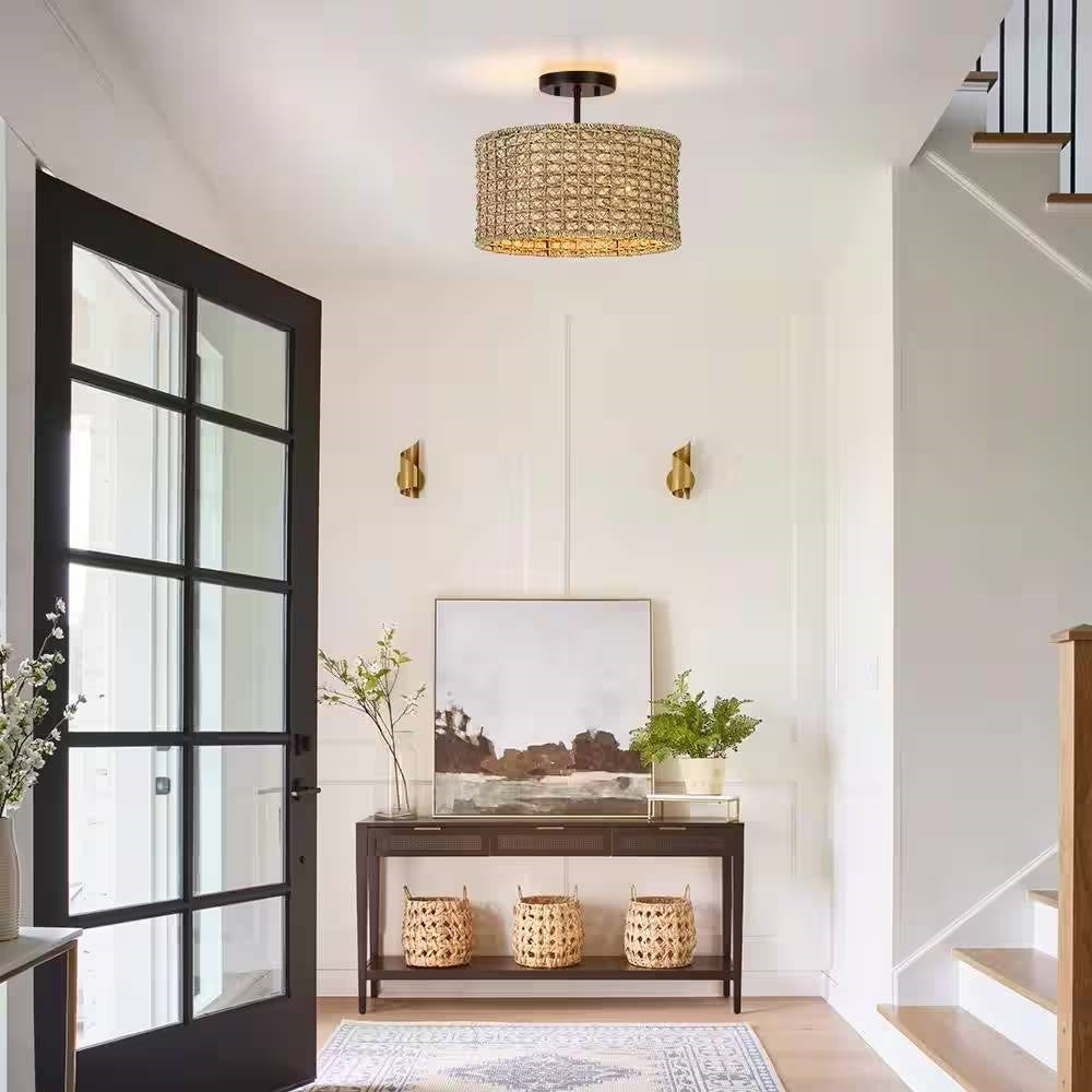 Bohemian 13.6-inch Round Rattan Drum 2-Light Ceiling Light - Semi-Flush Mount LuxuryLifeWay Online Store