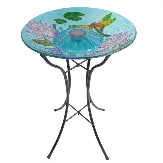 Outdoor Glass Bowl Bird Bath with Black Metal Stand and Solar Powered Light LuxuryLifeWay Online Store