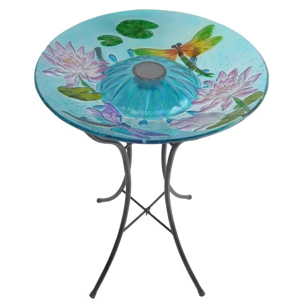 Outdoor Glass Bowl Bird Bath with Black Metal Stand and Solar Powered Light LuxuryLifeWay Online Store